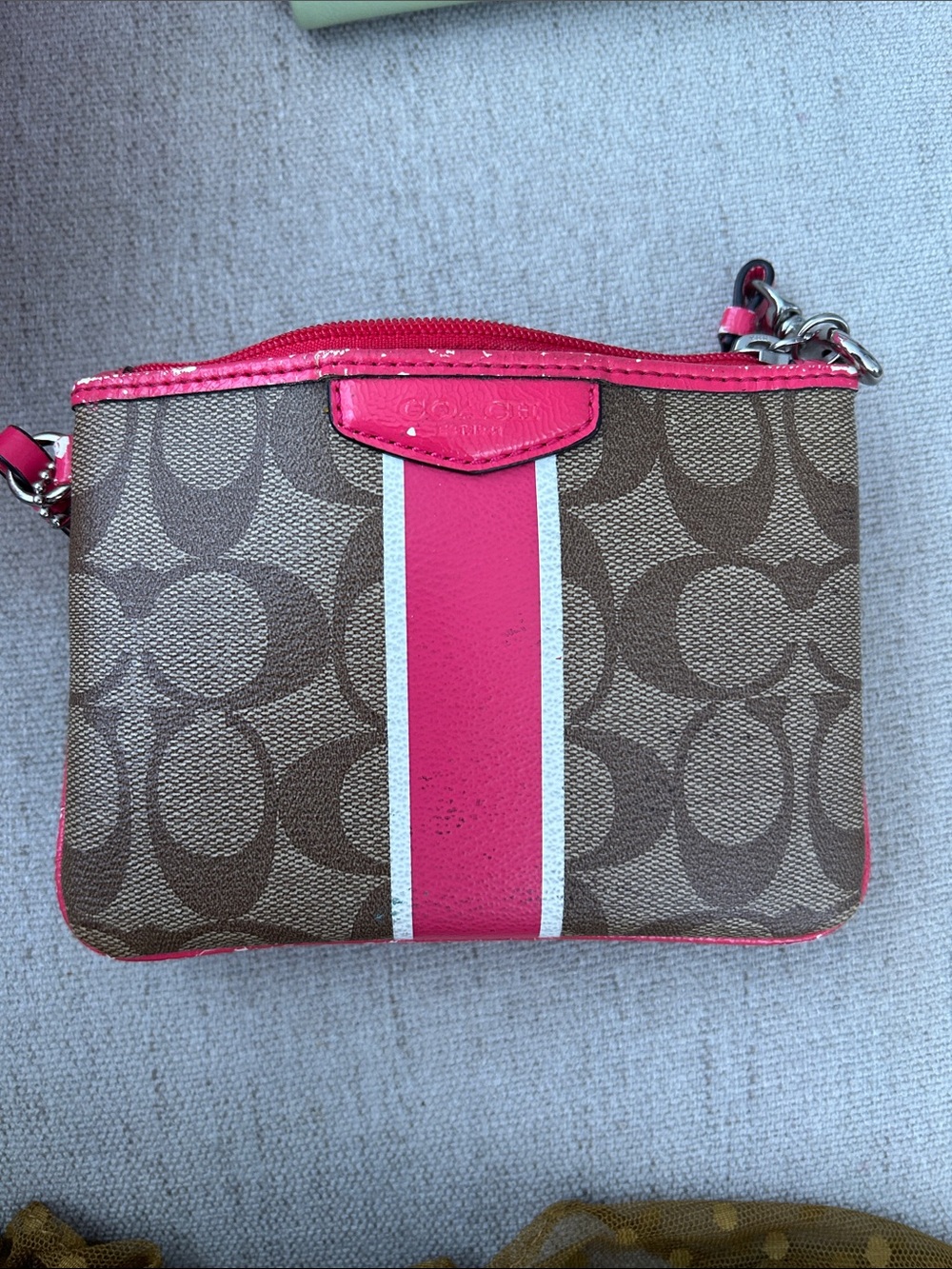 Coach Brown Signature Canvas Wristlet with Pink Center Stripe